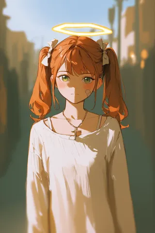 Portrait of an angelic girl with green eyes, red twintails tied with white ribbons, a glowing halo above her head, a bandaid on her cheek, and a cross necklace wearing a white camisole and sweater in a dim street setting.