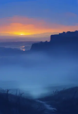 A serene landscape featuring a beautiful blue sky at sunset with fog covering the lower areas, a distant river, and silhouetted mountains.