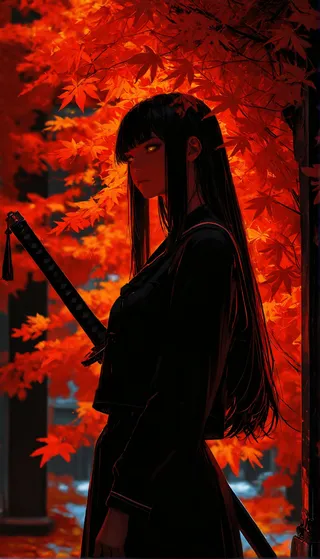 A tall girl with long black hair and gold eyes stands holding a Japanese sword, dressed in a black school uniform, against a vivid red autumn leaves background.