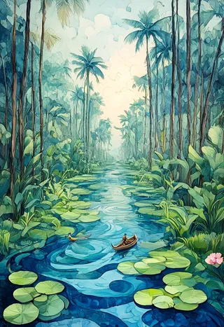 Surreal depiction of Kerala backwaters featuring a winding river canal with a small boat, tall palm trees, lush greenery, lotus flowers, and an ink and watercolor style.