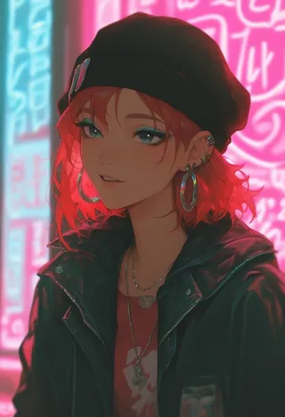 Close-up digital portrait of an alternative girl with red hair wearing a black beanie, leather jacket, and multiple earrings, illuminated by neon pink and blue lights.