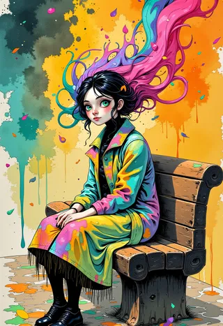 A girl with vibrant magenta and turquoise hair wearing a colorful coat sits on a wooden park bench with whimsical rainbow splashes around her.