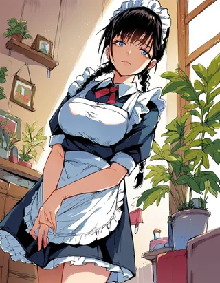 Anime-style illustration of a black-haired maid with twin braids and blue eyes, wearing a black and white maid outfit with an apron, standing in a cozy living room with plants and shelves.