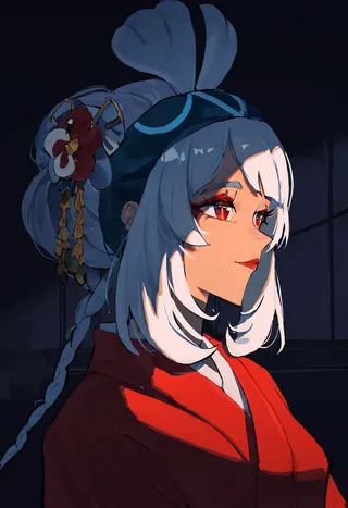 Portrait of a white-haired anime geisha wearing a red kimono with kanzashi hair ornaments, red eyes, and a blue hairband, illuminated softly in a dark indoor setting.