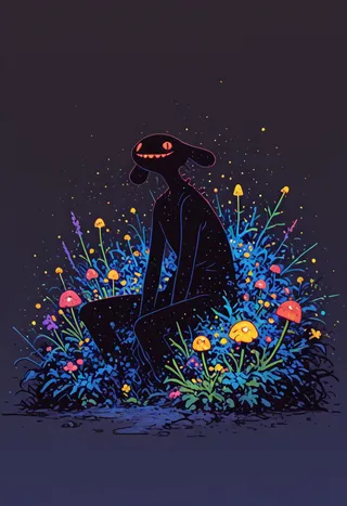 A whimsical dark silhouette figure with glowing orange eyes and smile sitting among vibrant blue, yellow, and pink flowers with a particle effect on a dark night background.
