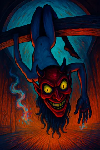 A figure with a devil mask hangs upside down from a wooden beam with a warped fisheye perspective, featuring hyper-saturated crimson and cerulean colors with neon-noir shadows.