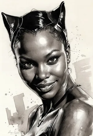 Hyper detailed black and white ink sketch of a young African woman as Catwoman smiling at the viewer, with watercolor fill and high realism