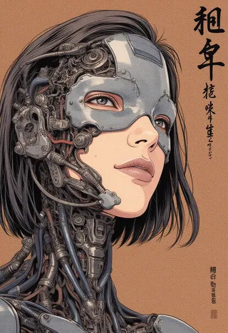 Close-up portrait of a cybernetic woman with intricate mechanical components integrated into her skin and facial structure, featuring a metallic robotic exoskeleton, cybernetic eyepiece, and Japanese text.
