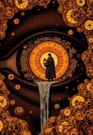 A giant eye with a glowing amber iris featuring a figure holding a lantern inside the pupil, surrounded by floating melting clocks and golden circular shapes.