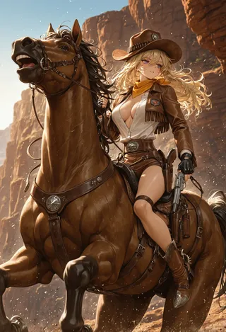 A detailed digital artwork of a cowgirl in a western outfit riding a galloping horse through a canyon, holding a pistol with an intense expression.