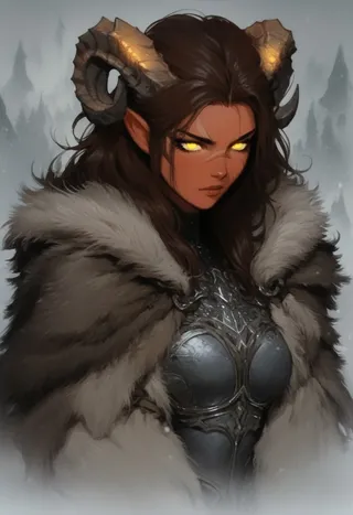 Anime style tiefling girl with glowing yellow eyes and ram horns wearing black armor and a brown fur cloak in a misty forest