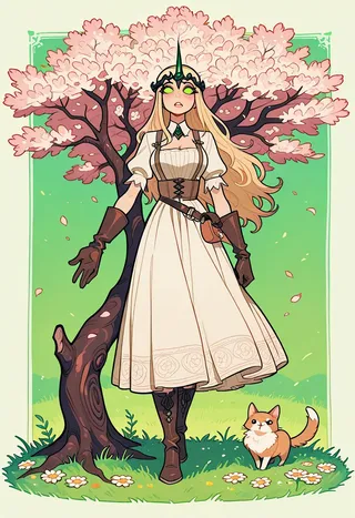 Illustration of a blonde fantasy girl with green eyes wearing a white dress and leather gloves standing by a cherry blossom tree with a small fox-like animal companion.