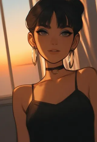 Portrait of a young woman with black hair, hoop earrings, and choker necklace, wearing a black nightgown indoors with warm sunset lighting.