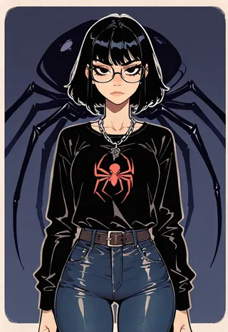 Confident young woman with short black hair, glasses, black top featuring a red spider design, chain necklace, and dark blue jeans in front of a large spider silhouette.