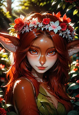 Close-up of a faun girl with long red hair, big deer horns, wearing a white flower wreath, surrounded by red flowers in a garden at night under cinematic lighting.