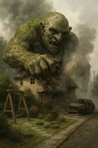 A terrifying giant stone troll covered in moss with a menacing face crushing a house while surrounded by a detailed garden and a wrecked car amidst smoke and dust in a hyper realistic style.