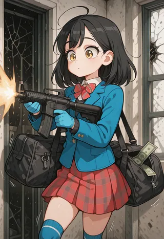 Anime-style girl with black medium hair and yellow eyes wearing a blue jacket, red plaid skirt, and blue gloves firing an AR-15 rifle inside a room with broken windows and carrying duffle bags filled with money.