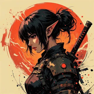 Illustration of a female samurai elf with black hair tied in a bun, wearing Japanese armor and carrying a katana, against a vivid orange inksplash background.