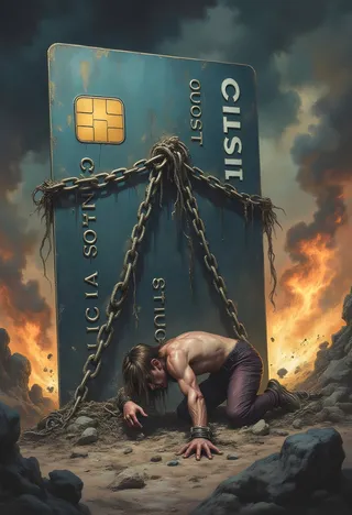 A shirtless individual shackled and chained to a giant ominous credit card, crawling away in a rocky landscape under a stormy sky with fire and smoke in the background.
