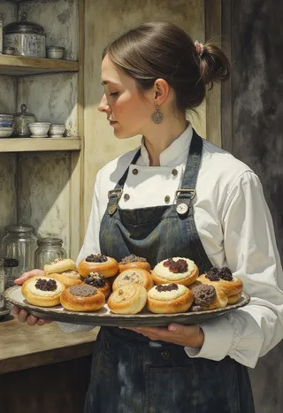 A chef woman wearing a white double-breasted chef jacket and dark apron holding a tray filled with various pastries, standing in a rustic kitchen setting.