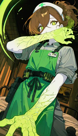 Undead radioactive nurse with glowing green veins on arms and eyes, wearing a green apron and tactical pants in a dynamic pose indoors.
