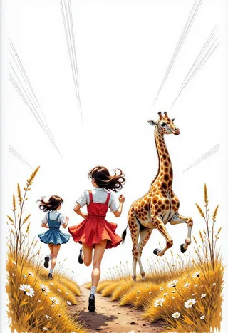 Two girls and a giraffe running along a grassy path with daisies in a comic book illustration style.