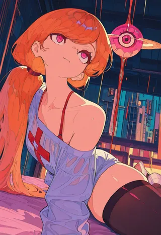 Anime-style portrait of a young woman with orange hair and pink eyes wearing a white nurse outfit and an off-shoulder top, shown in a dynamic low-angle pose indoors.