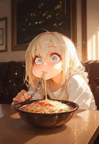 Anime-style girl with large expressive eyes eating spaghetti with a fork in a warmly lit living room, showing a cute and surprised expression.