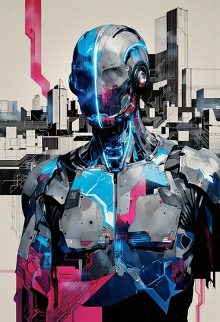 A stoic cyborg sentinel with glowing neon blue and pink cybernetic plates stands before a dystopian skyline of abstract circuitry and polygonal data towers.