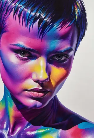 A vivid watercolor painting of a person with very-short pixie-cut hair, featuring intricate psychedelic neon body-paintings on their skin. The artwork has meticulous shadowing and lighting with a very dark background.