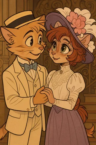 Anthropomorphic cat characters Calvin Freckle Allen McMurray and Ivy Pepper from Lackadaisy dressed in vintage Hello Dolly costumes, lovingly holding hands.