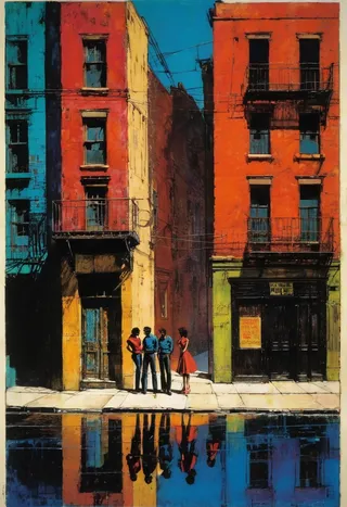 Une œuvre collagraphique de William Wray montrant des bâtiments urbains colorés et quatre personnes debout sur un trottoir avec des reflets sur le trottoir mouillé.