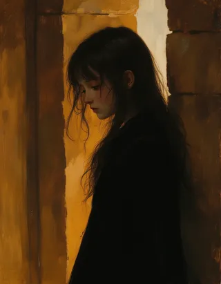 Minimalist oil painting of a pale gothic vampire princess with long dark hair standing inside a medieval church, illuminated by warm glowing light, painted in the style of Rembrandt with intricate brush strokes.