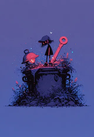 Flat vector illustration of a girl with a pot helmet and trashcan lid shield holding a large wrench, standing ready to fight amidst plants and particles on a dark platform.