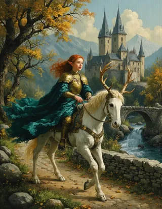 Un radioso giovane cavaliere elfo con lunghi capelli rossi cavalca un maestoso cervo bianco lungo un sentiero nella foresta, indossando un'armatura storica completa incisa in oro, con un castello magico sullo sfondo nebbioso.