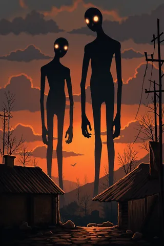 Zwei hoch aufragende schattenhafte Gestalten mit leuchtenden Augen stehen über einer öden urbanen Landschaft bei Sonnenuntergang, umgeben von verfallenen Dächern und kahlen Bäumen unter einem dramatischen Himmel.