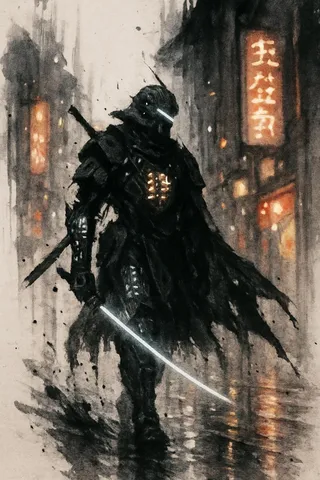 A cybernetic feudal knight clad in jagged armor with glowing kanji circuitry stands in a rain-soaked neon-lit alley, wielding a glowing katana, depicted in an ink wash style.