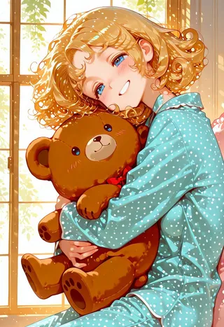 A cute golden blonde girl with curly hair and blue eyes smiling warmly while hugging a large teddy bear, wearing light blue polka-dot pajamas near a sunlit window.