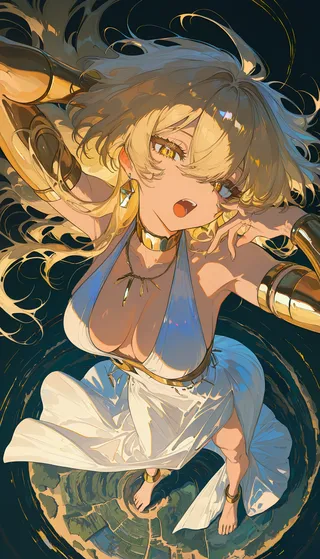 A detailed, colorful digital illustration of a seductive blonde woman with gold accessories in a dynamic pose, wearing a white dress, depicted with a fisheye lens effect and volumetric lighting.