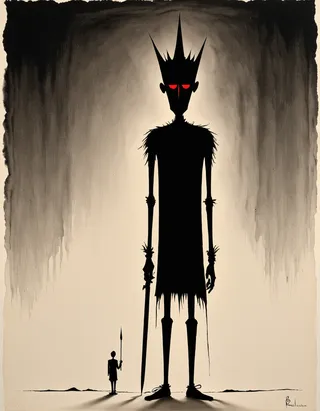 Minimalistische schwarze Silhouette eines großen gotischen Kriegers mit spitzer Krone und roten Augen, der einen langen Speer hält und vor einem schwarz-weißen Farbverlaufshintergrund mit einer kleineren Kriegersilhouette in der Nähe steht.