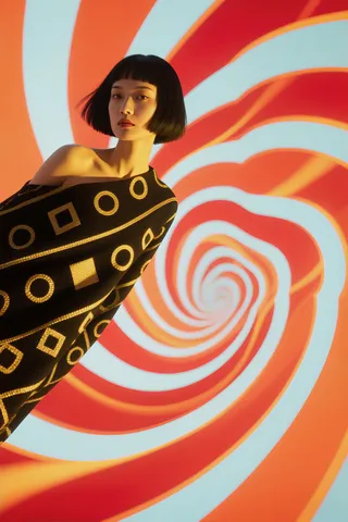 Uma mulher com corte bob preto usa tecido com padrão geométrico e formas douradas, posando contra um fundo de vórtice espiralado vermelho e branco sob iluminação dramática.