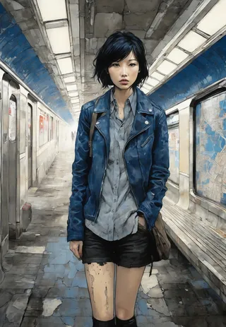 A young woman stands in a grimy urban subway station illuminated by flickering blue-toned fluorescent lights with cracked tiled walls and a moody atmosphere.