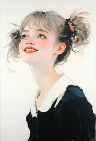 Oil painting of a cherubic 25 year old woman with ash-blonde pigtails, blunt bangs, bright blue eyes, and a warm, shy smile wearing a black dress with white collar.