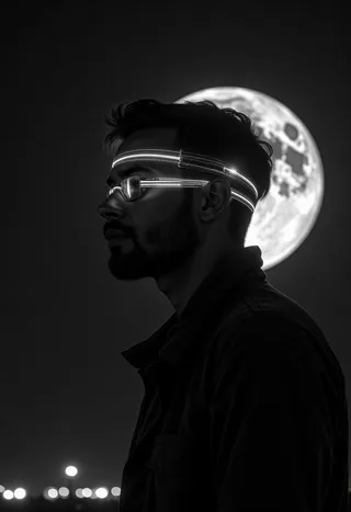 Close-up em preto e branco do perfil lateral de um homem iluminado por uma luz prateada suave com linhas brilhantes ao redor dos óculos e da faixa na cabeça, em frente a uma grande lua cheia.