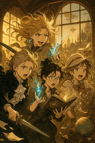 Four Neo-Victorian heroines in a sunlit attic conservatory with swirling hair and magical sparks, set against a cityscape with airships at golden hour.