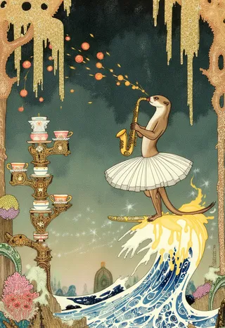 An opera-singing otter wearing a white tutu plays a saxophone that launches fireballs while surfing a dramatic wave of melted cheese in an Art Nouveau cathedral setting.