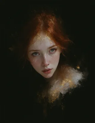 Close-up oil painting portrait of a cherubic red haired woman with alabaster skin, adorned with gold gilt textures and surreal ink marbling effects.