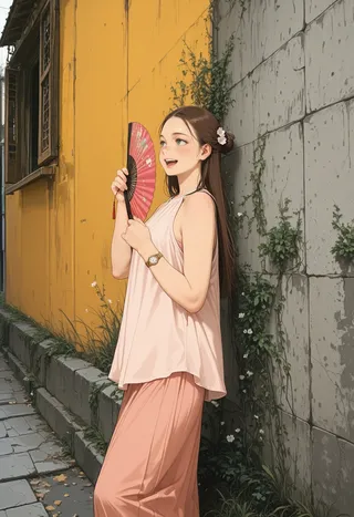 A girl with brown hair and light green eyes in traditional sleeveless pink clothes holding a folding hand fan stands outdoors by a yellow wall and a stone path.