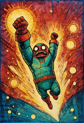 Dynamic collagraph artwork of a power-up hero character by Genndy Tartakovsky with vibrant reds, oranges, and blues and an explosive background.
