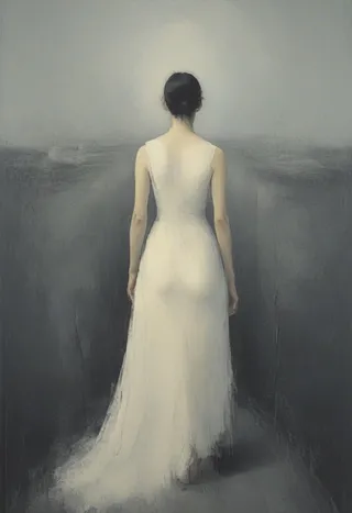 Back view of a woman in a flowing white dress standing at a bifurcation with a soft, minimalistic and surreal atmosphere